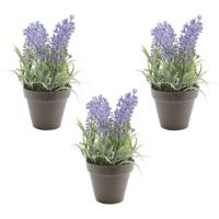 Bellatio Kunstplant - 3x stuks - lavendel - paars - 17 cm - in pot - lavandula