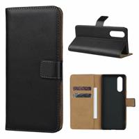 Lederen horizontale Flip holster voor Sony Xperia XZ5 met magnetische sluiting en beugel en kaartsleuf en portemonnee (zwart)