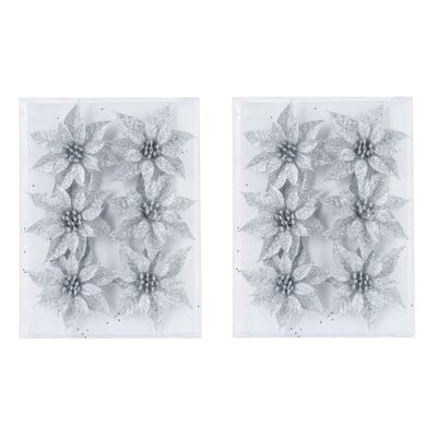 18x stuks decoratie bloemen rozen zilver glitter op ijzerdraad 8 cm
