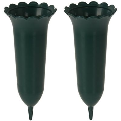 Grafvaas/grafvazen - 2x - kunststof - groen - 25 cm - Voor bloemen op graf te zetten