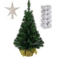 Volle kunst kerstboom 45 cm in jute zak inclusief witte versiering 21-delig - Kunstkerstboom - thumbnail