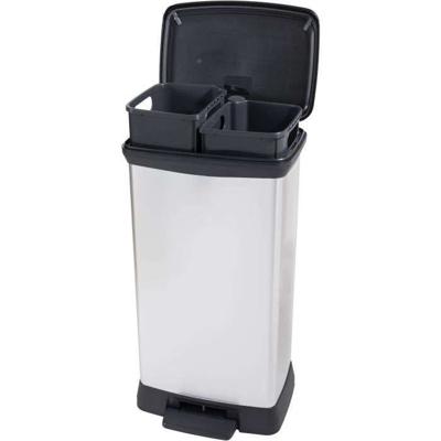 Duo Rechthoek Vuilnisbak - DECO BIN - CURVER - 46L (23+23L) - Dubbel vak - 39 x 29 x 72 cm - Metallic grijs
