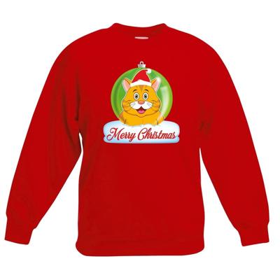 Kersttrui sweater voor kinderen - rood - Merry Christmas - oranje kat / poes kerstbal