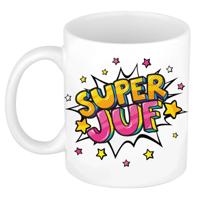 Super juf cadeau koffiemok - theebeker - wit met sterren - 300 ml - keramiek - cadeau - bedankje