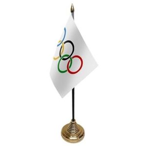 Olympische Spelen tafelvlaggetje 10 x 15 cm met standaard