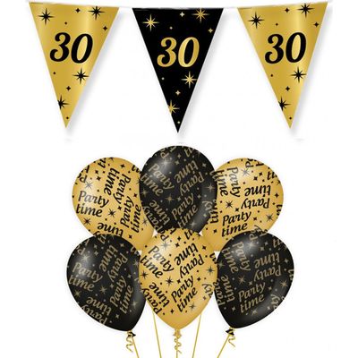 Verjaardag 30 jaar versiering pakket zwart/goud 30 en party-time
