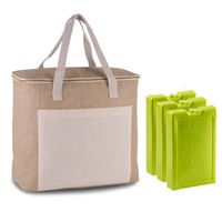 Grote koeltas jute/canvas 20 liter en 38 x 32 x 16 cm met 3x stuks koelelementen groen - Koeltas