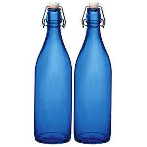 Bormioli rocco waterfles met beugeldop - Set van 2x stuks - blauw transparant - 1000 ml - Giara home