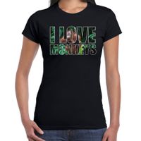 Tekst t-shirt I love monkeys met dieren foto van een orang oetan aap zwart voor dames - thumbnail