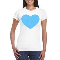 Verkleed T-shirt voor dames - hartje - wit - blauw glitter - carnaval/themafeest