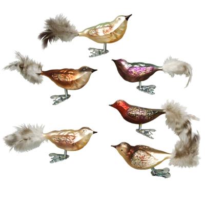 Krebs decoratie vogels - 6x stuks - diverse kleuren - glas - 11 cm - op clip - decoratievogeltjes -