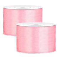 Partydeco Cadeaulint - 2x - lichtroze - 5 cm x 25 meter - satijn - sierlint - inpakken - decoratie