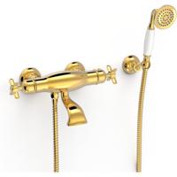 Badkraan Tres Clasic | Opbouw | Thermostaatkraan | Incl.Handdoucheset | 2-weg | hoh 15 cm | 2-knops | Vintage | 24k Goud glans