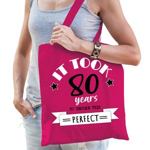 Cadeau tas voor dames - 80 en perfect - fuchsia roze - katoen - 42 x 38 cm - tachtig - shopper