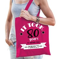 Cadeau tas voor dames - 80 en perfect - fuchsia roze - katoen - 42 x 38 cm - tachtig - shopper - thumbnail