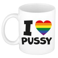 Cadeau koffie/thee mok - regenboog - I love pussy - pride / gay - 300 ml - keramiek - vrijgezellen