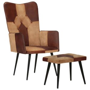 Fauteuil met voetensteun echt leer en canvas bruin