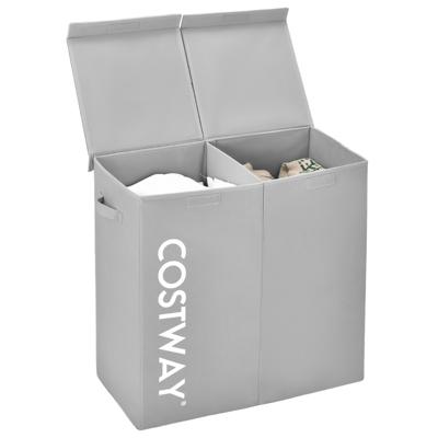 Wasmand met Deksel 115 L Wasverzamelaar 2 Vakken Wasbox van Vliesstof met Handgrepen 62 x 31 x 60 cm (Grijs)