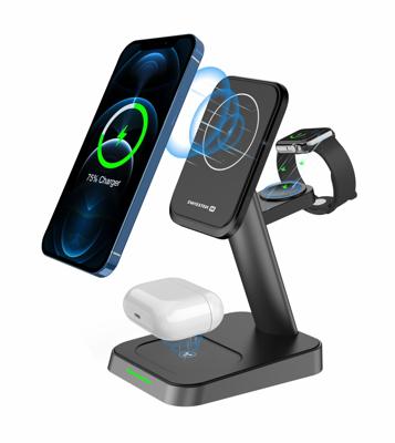 Swissten 3 in 1 Draadloze Oplader - MagSafe standaard - voor iPhone, Airpods en Apple Watch - 22.5W - Zwart