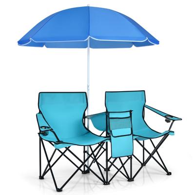 Campingstoel met Parasol Klapstoel voor Koppels Dubbele Visstoel Opvouwbaar met Bekerhouder Koeltas 55 x 85 x 161 cm (Turkoois Groen)