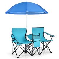 Campingstoel met Parasol Klapstoel voor Koppels Dubbele Visstoel Opvouwbaar met Bekerhouder Koeltas 55 x 85 x 161 cm (Turkoois Groen)