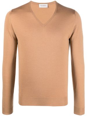 John Smedley pull en maille fine à col v - Marron