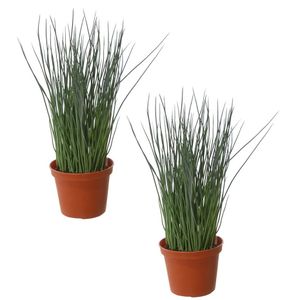 Set van 2x stuks groene grasplant Pennisetum kunstplanten in bruine kunststof pot 29 cm