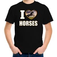 I love horses t-shirt met dieren foto van een zwart paard zwart voor kinderen - thumbnail