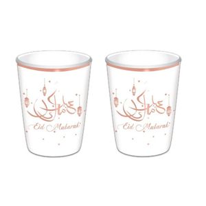 8x stuks Ramadan Mubarak thema bekertjes wit/rose goud 350 ml