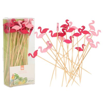 Cocktail/tapas prikkers - flamingos - 60x stuks - bamboo - 12 cm