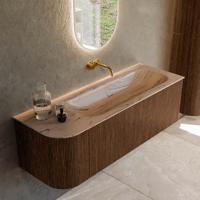 Badmeubel Mondiaz Kurve-Dlux | 135 cm | Meubelkleur Walnut | Wastafelkleur Arena | Solid surface | Wasbak rechter zijde spoelbak | Zonder kraangat(en)