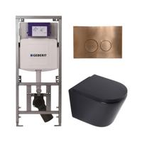 QeramiQ Dely Toiletset - 36.3x51.7cm - diepspoel - rimless - Geberit UP320 inbouwreservoir - softclose toilet zitting 35 mm - koperen bedieningsplaat - ronde knoppen - mat zwart SW1026253/SW1000769/0701131/SW706196
