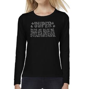 Glitter Super Mama longsleeve shirt zwart Moederdag cadeau rhinestones steentjes voor dames 2XL  -