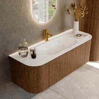 Mondiaz KURVE-DLUX 130 cm Onderkast Greeploos 1 Lade Met Deuren Walnut, Wastafel Solid Surface Midden Ostra 1 Kraangat Zonder Spiegel (KRVBGS130L+R1L2D1KM-Wal/Ost)