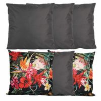 Bank/tuin kussens set - voor binnen/buiten - 6x stuks - antraciet/tropical print - 45 x 45 cm - thumbnail