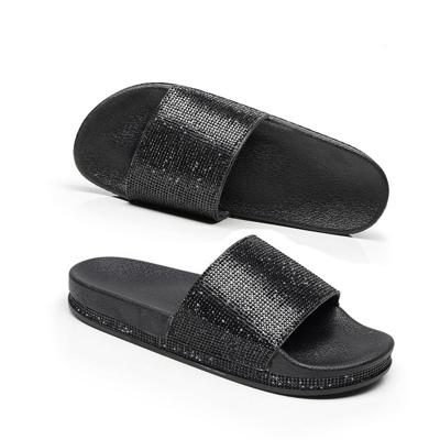 Rhinestone Women Slippers Bling Beach Slides Size:39(Black)