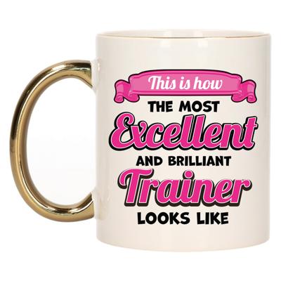 Cadeau koffie/thee mok trainer/coach - excellent trainer - goud/roze - keramiek - 300 ml
