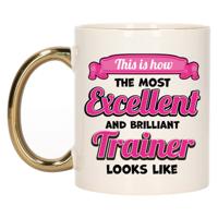 Cadeau koffie/thee mok trainer/coach - excellent trainer - goud/roze - keramiek - 300 ml