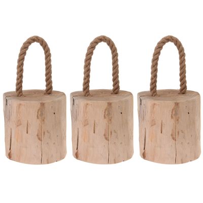 3x Deurstoppers teak met draagtouw 14 cm