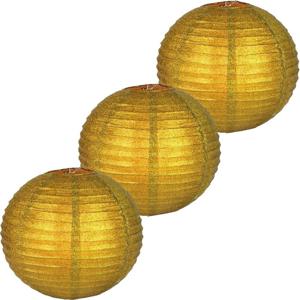 Papieren feest lampion met glitters - 3x - goud - Dia 25 cm - versiering - feestartikelen