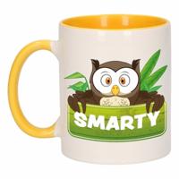 Smarty mok - geel/wit - keramiek - 300 ml - kinder beker uil