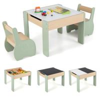 3-Delige Kinderzitgroep van Hout 4-In-1 Kindertafel met 2 Stoelen en Afneembaar Bord Kindermeubelset met Opbergruimte