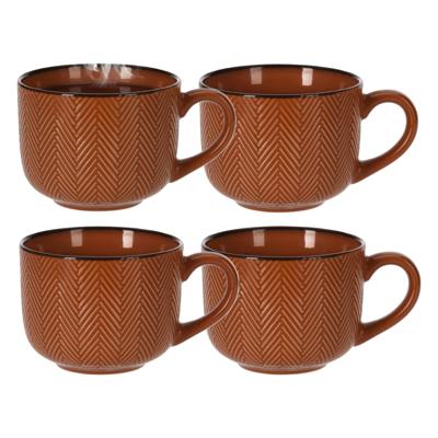 Thee/koffiemok XL Fishbone - 4x - terra - 12 x 9 cm - keramiek - kommetjes met oor - 560 ml Thee/koffiemok XL Fishbone - 4x - terra - 12 x 9 cm - keramiek - kommetjes met oor - 560 ml