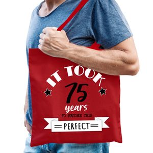 Cadeau tas voor heren - 75 en perfect - rood - katoen - 42 x 38 cm - vijfenzeventig - shopper