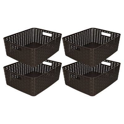 Opbergmand/kastmandje - 4x - 12 liter - bruin - geweven kunststof - 36 x 28 x 13 cm Opbergmand/kastmandje - 4x - 12 liter - bruin - geweven kunststof - 36 x 28 x 13 cm