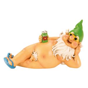 Tuinkabouter beeld Happy Nudist - Polystone - Naakt met pils liggend - 26 cm - Tuinbeelden