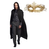 Gemaskerd bal/Halloween verkleedkleding - Met oogmasker in goud - Lange zwarte mantel met capuchon Gemaskerd bal/Halloween verkleedkleding - Met oogmasker in goud - Lange zwarte mantel met capuchon