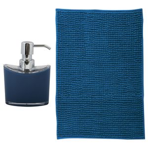 MSV badkamer droogloop mat - Bolzano - 40 x 60 cm - met bijpassende kleur zeeppompje - donkerblauw