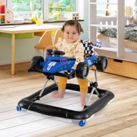 4-in-1 Loopwagen Loopassistent met 3-traps Verstelbare Hoogte Gevoerd Zitje Stuurwiel & Speelklok Blauw