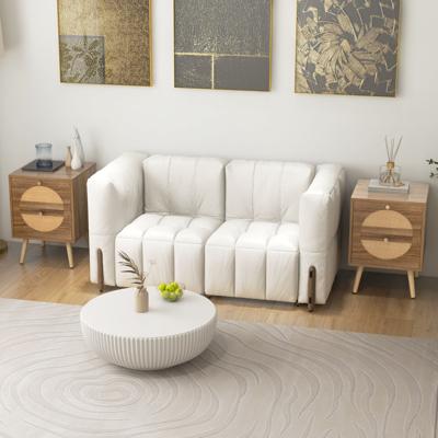 2 Rotan Nachtkastjes met 2 Laden Bijzettafel in Bohemian Stijl met Massief Houten Poten Compacte Houten Salontafel